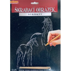 Škrabací obrázek stříbrný 20x25 cm - kůn s hříbětem